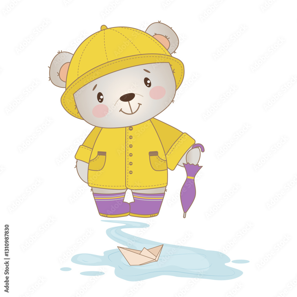 Funny teddy bear in yellow raincoat looks at paper boat floating on stream after spring rain. Weather themed vector illustration Funny teddy bear in yellow raincoat looks at paper boat floating on stream after spring rain. Weather themed vector illustration