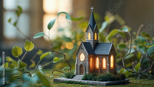 Miniature church model with glowing windows surrounded by greenery photo