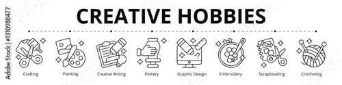Creative Hobbies Line Banner Web Icon Set Vector Illustration, Crafting Painting Creative Writing Pottery Graphic Design Embroidery Scrapbooking Crocheting 