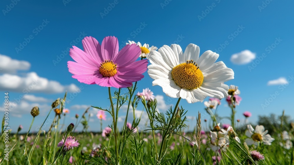 Pink and white cosmos flowers in a field against a blue sky.