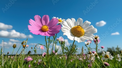 Obraz na płótnie Pink and white cosmos flowers in a field against a blue sky. w salonie
