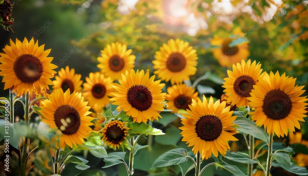 A vibrant sunflower field in full bloom, bathed in warm sunlight. The golden petals and lush green leaves create a stunning summer landscape, evoking joy, nature's beauty, and countryside charm. A vibrant sunflower field in full bloom, bathed in warm sunlight. The golden petals and lush green leaves create a stunning summer landscape, evoking joy, nature's beauty, and countryside charm.