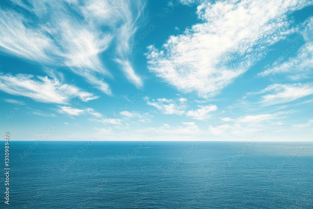 Vast ocean under a bright blue sky with fluffy white clouds. Ideal for travel, serenity, and nature themes, evokes peace and tranquility. Vast ocean under a bright blue sky with fluffy white clouds. Ideal for travel, serenity, and nature themes, evokes peace and tranquility.