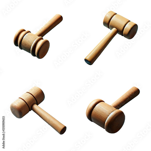 Four wooden mallets facing different directions on a transparent background.
