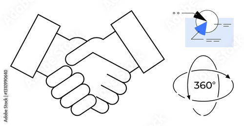 Two hands shaking signifies agreement, pie chart for statistical insights, and a 360-degree concept. Ideal for collaboration, teamwork, data, analysis, decision-making, partnerships perspective