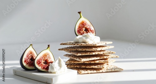 Gourmet seed crackers with fresh fig and cream cheese delight.