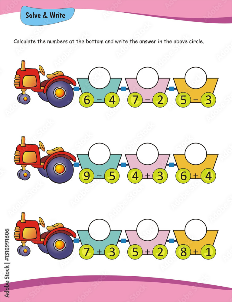 Obraz premium Calculate the number worksheet, addition for preschool and kindergarten, Solve and write. Count and write, Math worksheet for kids
