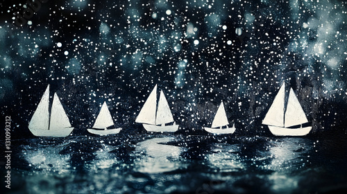 Miniature sailboats, night, water, starry