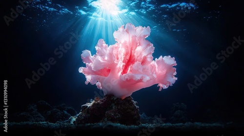 Pink coral underwater, sun rays.
