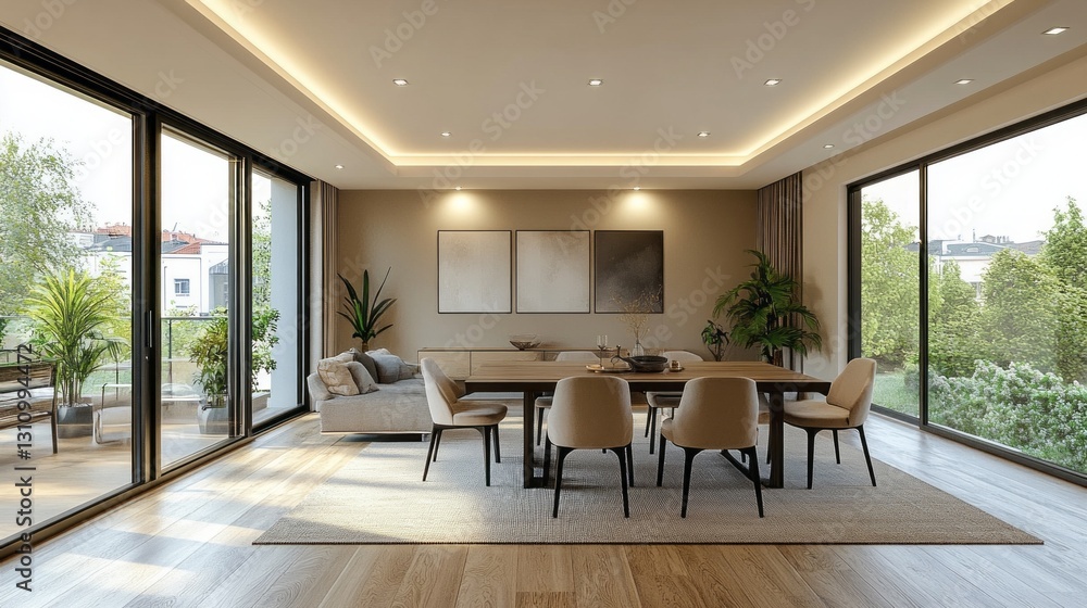 Fototapeta premium Bright and airy apartment features a stylish dining area with modern furnishings and large windows, showcasing lush greenery outside. Perfectly designed for comfort and elegance