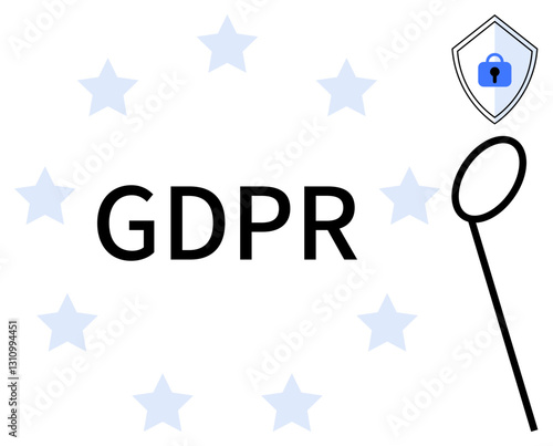 GDPR text surrounded by stars, shield with lock symbol and magnifying glass. Ideal for privacy, compliance, data protection, security, regulations, legal transparency. Abstract line flat metaphor