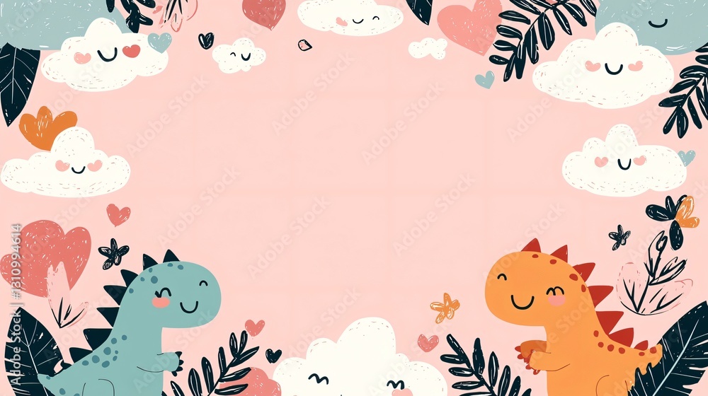 Obraz premium Cute Dinosaur and Cloud Illustration with Plants and Hearts