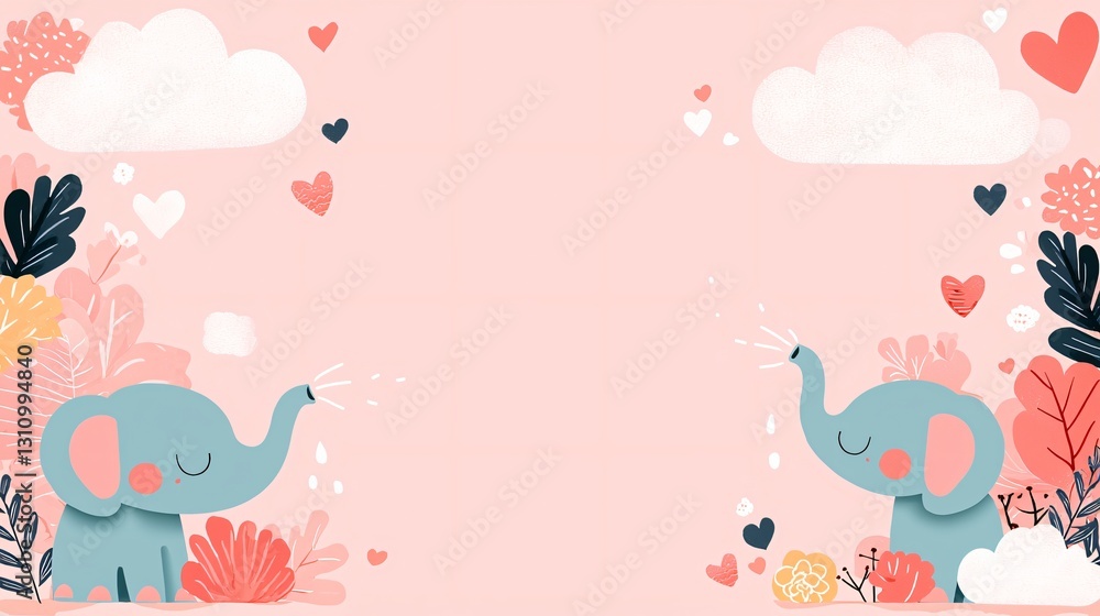 Cute Cartoon Elephants with Flowers and Hearts on Pink Background Cute Cartoon Elephants with Flowers and Hearts on Pink Background
