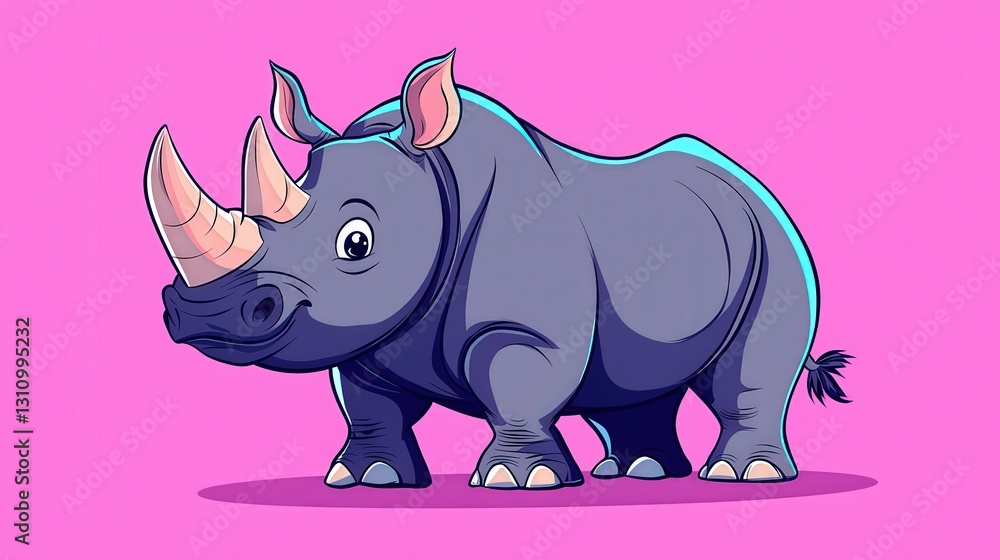 Fototapeta premium Cartoon rhino illustration, cute, gray, pink background.