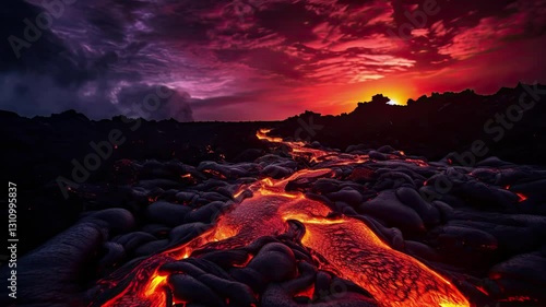Fiery Lava Flow at Sunset Volcanic Rocks and Dramatic Sky