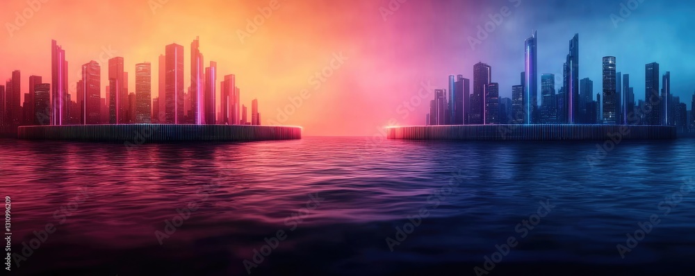 Fototapeta premium Iceberg melting concept. A vibrant skyline illuminated by colorful twilight over calm waters.