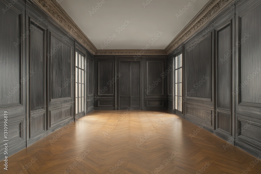 Empty luxury room with dark wood paneling, herringbone floor, and large windows. Empty luxury room with dark wood paneling, herringbone floor, and large windows.