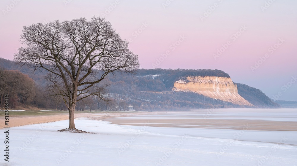 A lone tree stands on a snow-covered beach, with a cliff and pink sky in the background. A lone tree stands on a snow-covered beach, with a cliff and pink sky in the background.