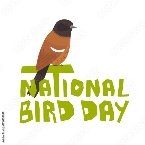 National Bird Day greeting banner on January 5. Protection of animals and endangered species. Cute bird sitting on letters. Vector illustration isolated on white background. Migratory birds.