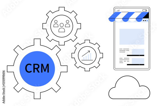 CRM gears interlinked with growth graph, network icon, storefront web page, and cloud symbol. Ideal for business management, e-commerce, system integration, marketing tools, data management customer