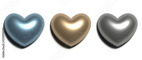 3D Render of Metallic Golden, Silver, and Blue Hearts with Shiny Reflective Surfaces, Perfect for Modern Art, Digital Designs, and Romantic Themes
