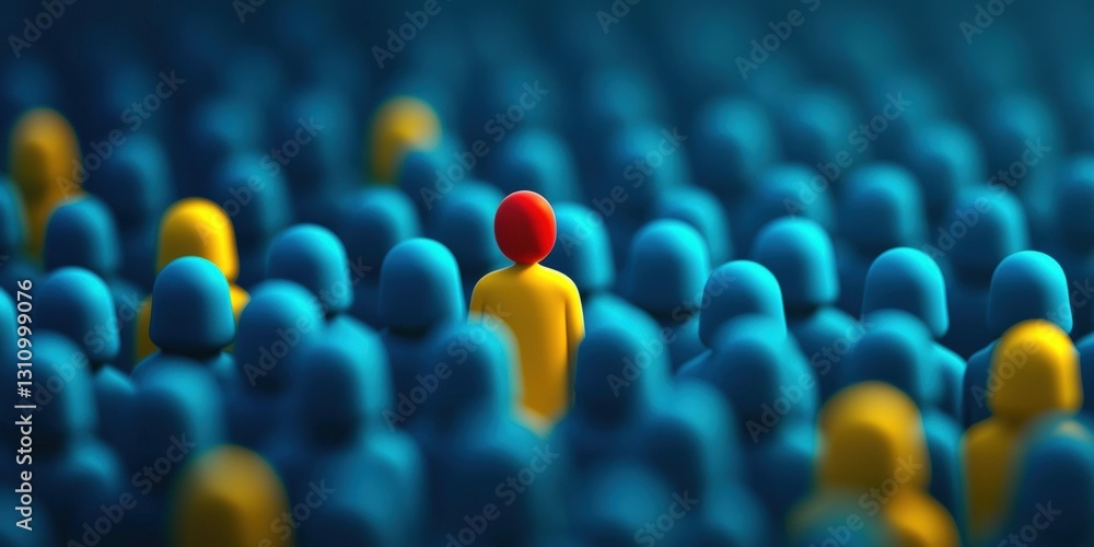 Fototapeta premium A vibrant representation of individuality, showcasing a red figure among a sea of blue and yellow figures, emphasizing uniqueness and standing out in a crowd.