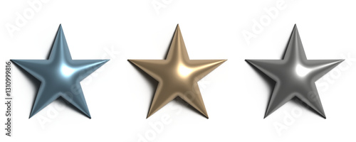 Stunning 3D Metallic Stars in Golden, Silver, and Blue with Glowing Reflections and Futuristic Design, Perfect for Cosmic, Abstract, and Digital Art Projects