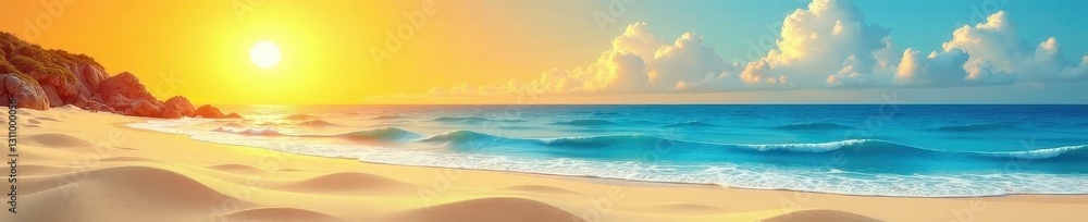 Sun, sand, and sea layered paper cut scene, textured and bright, vibrant, photo Sun, sand, and sea layered paper cut scene, textured and bright, vibrant, photo