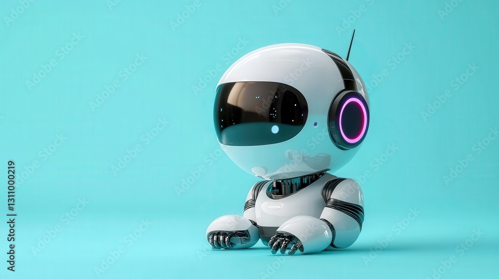Cute white robot sitting on blue background. Cute white robot sitting on blue background.