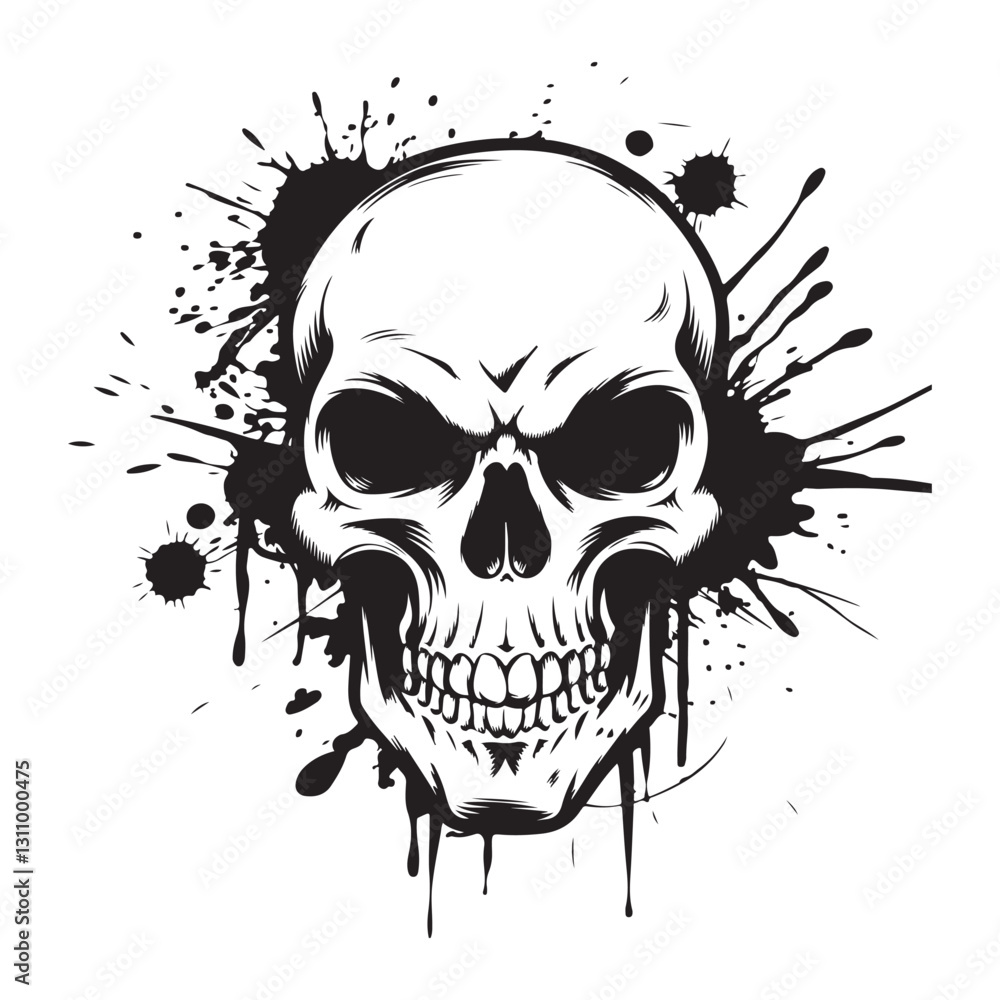 Fototapeta premium Skull head with artistic splatter effects silhouette vector