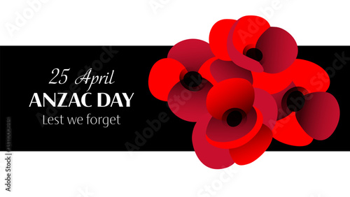 Anzac day vector horizontal banner with poppy flowers on black