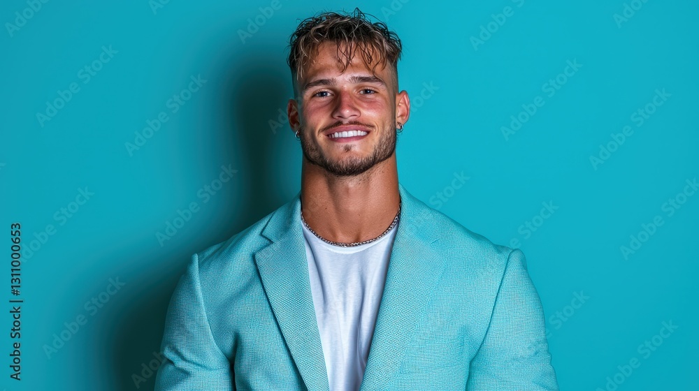Portrait of a smiling man in a light blue blazer against a teal background.