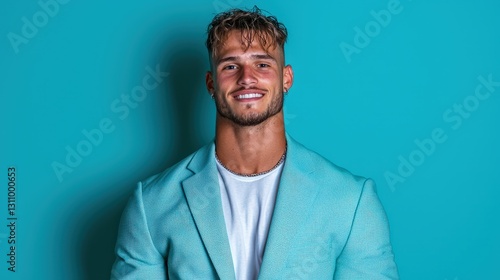 Obraz na płótnie Portrait of a smiling man in a light blue blazer against a teal background. w salonie