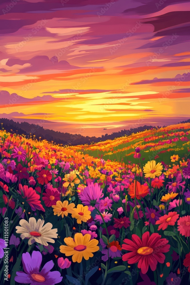 Fototapeta premium Vibrant sunset over colorful flower field