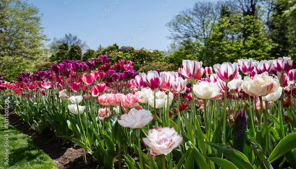 A breathtaking tulip garden in full bloom, showcasing vibrant white, pink, and purple tulips under a clear blue sky. A stunning spring floral display in a lush, green landscape.
A breathtaking tulip garden in full bloom, showcasing vibrant white, pink, and purple tulips under a clear blue sky. A stunning spring floral display in a lush, green landscape.