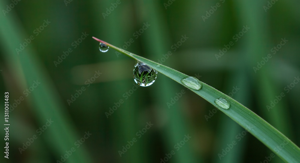 Close-up of Water Droplets on a Blade of Grass Reflecting Greenery Close-up of Water Droplets on a Blade of Grass Reflecting Greenery