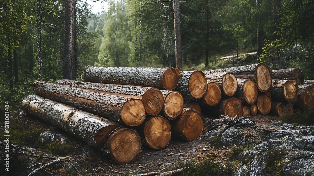 Stacked timber logs near a forest edge presenting sustainable logging practices Stacked timber logs near a forest edge presenting sustainable logging practices