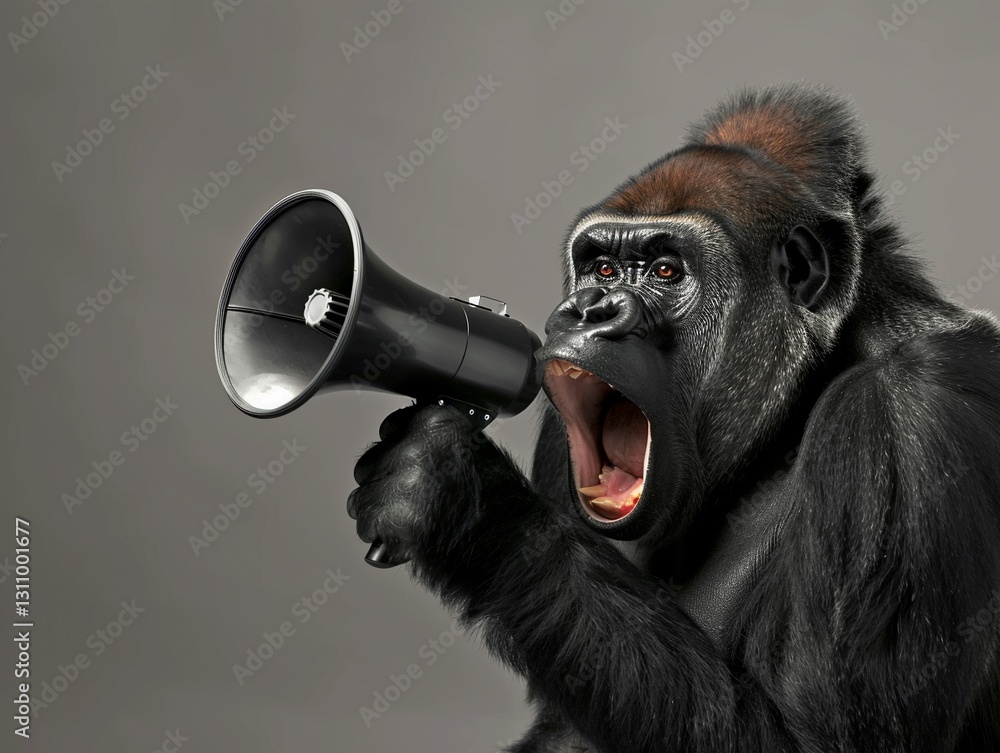Fototapeta premium A gorilla is shouting into a megaphone and appears angry