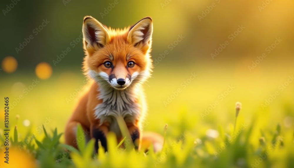 Naklejka premium Adorable red fox kit, curious gaze, sunny field , face, crafty
