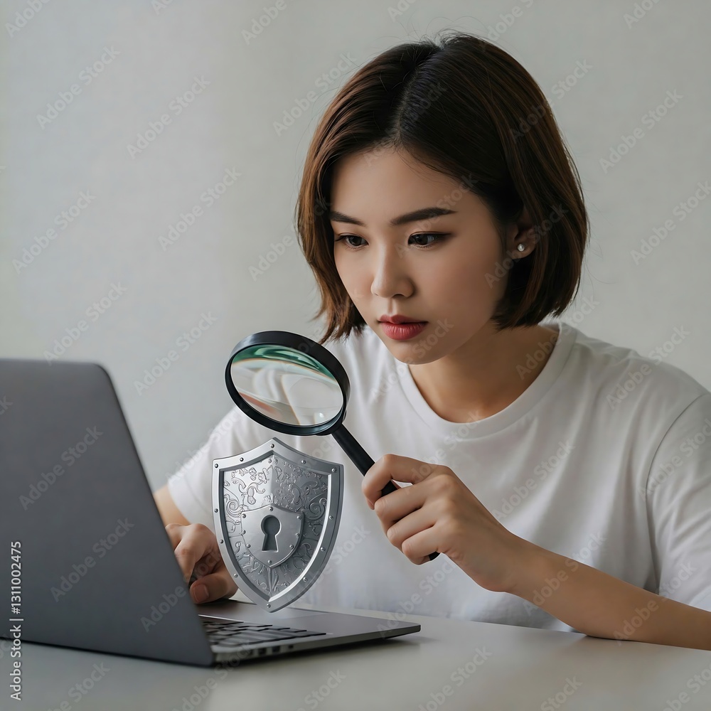 A person browsing with a magnifying glass revealing a shield, illustrating safe online activities. A person browsing with a magnifying glass revealing a shield, illustrating safe online activities.