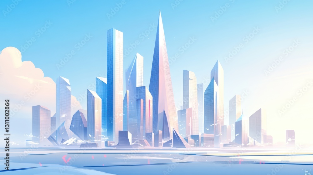 Obraz premium Futuristic city skyline sunrise, calm waters, urban development