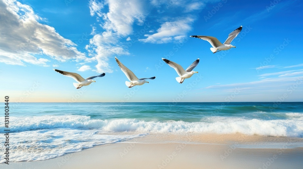 Obraz premium Coastal Flight: Seagulls soaring above the shoreline, captured against a backdrop of a vibrant beach and clear blue skies
