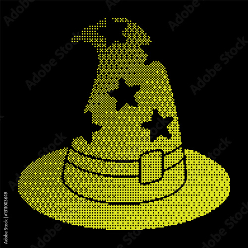 Pixel magician top hat silhouette icon. Wizard hat with star ornament. Pointed headdress of stargazer fortune teller. Simple black and yellow vector isolated on black