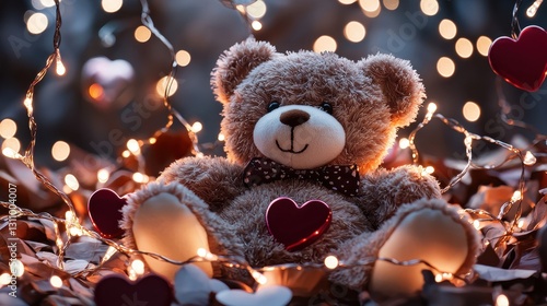 Adorable Teddy Bear Surrounded by Twinkling Fairy Lights with Hearts Creating a Cozy Magical Atmosphere
