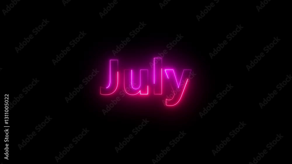 Neon July text icon animation.Abstract glowing Neon July text icon animation.Abstract glowing