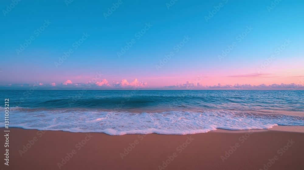 Serene sunset over calm ocean waves lapping sandy beach.