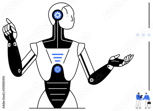 Human-thumbs up robot gesturing thoughtfully, symbolizing AI innovation and decision-making. Two professionals connect in the corner. Ideal for AI, technology, innovation, teamwork, business