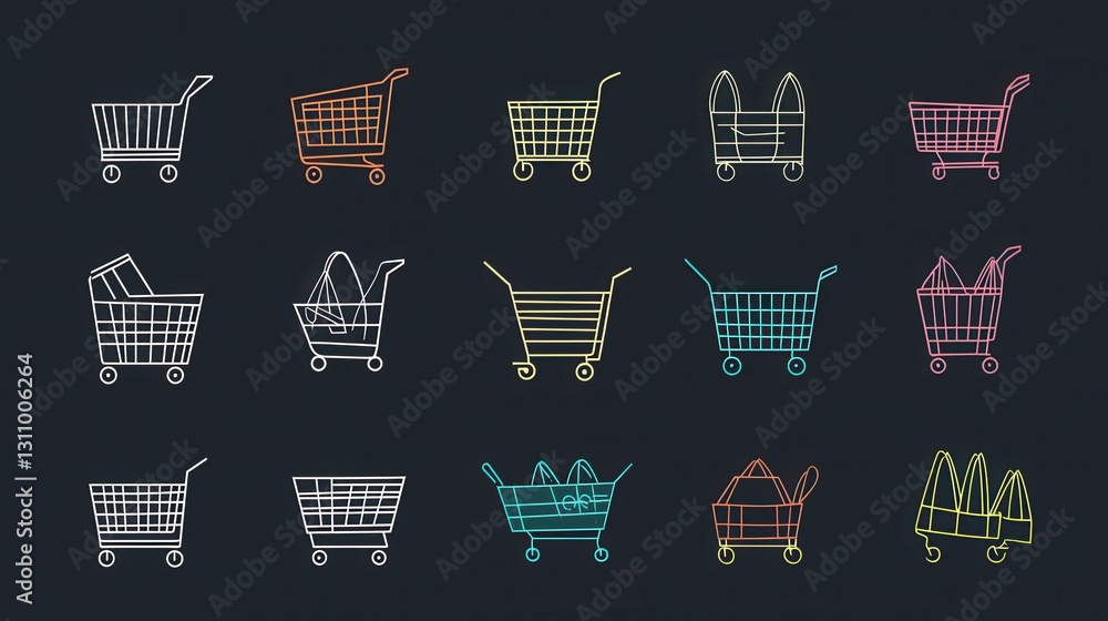A close-up view of a cluster of shiny metal shopping carts, their intricate designs and wheels visible, set against a smooth black background that enhances their reflective surfaces.