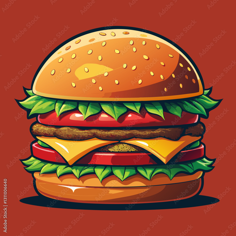 Vector cheeseburger with lettuce crisp green lettuce, juicy red tomato slices, melted yellow cheese, and a thick beef patty with grill marks (1 Vector cheeseburger with lettuce crisp green lettuce, juicy red tomato slices, melted yellow cheese, and a thick beef patty with grill marks (1