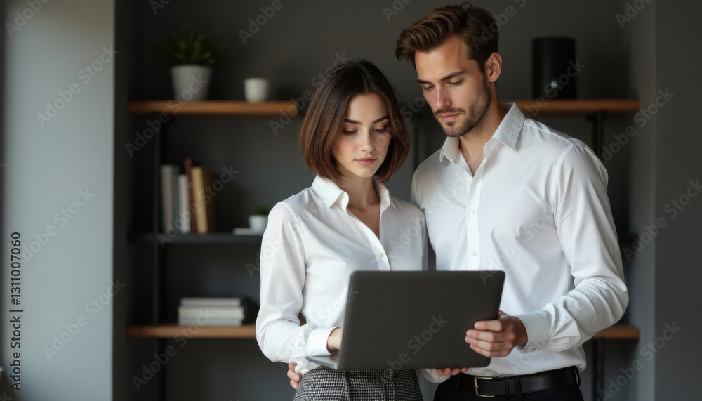 Obraz premium young professionals man and woman working together on laptop in modern office
